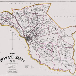1915 Carte du comté de Richland en Caroline du Sud montrant les districts scolaires