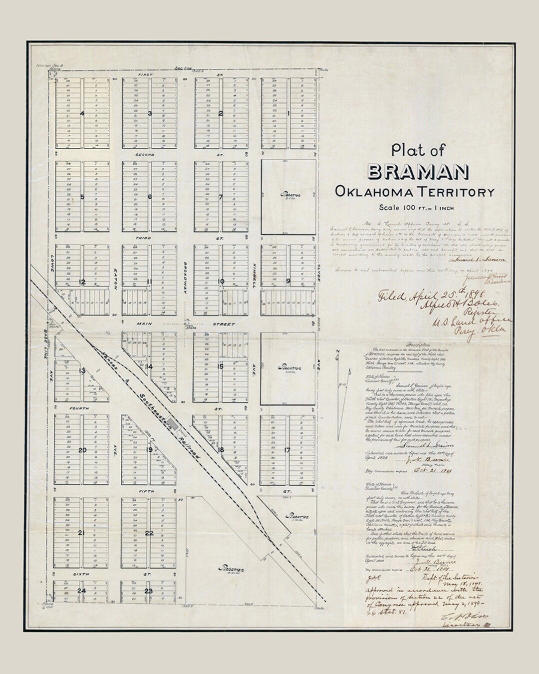 1898 Town Map of Braman Kay County Oklahoma Etsy