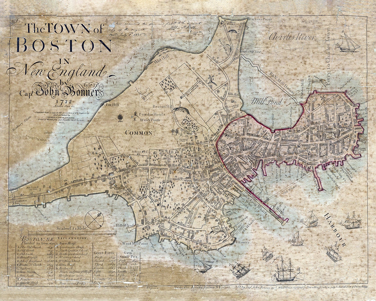 額装品　リプロダクション　1722年　J. ボナー　「ボストン都市図」 1722 Map of Boston Massachusetts - Etsy