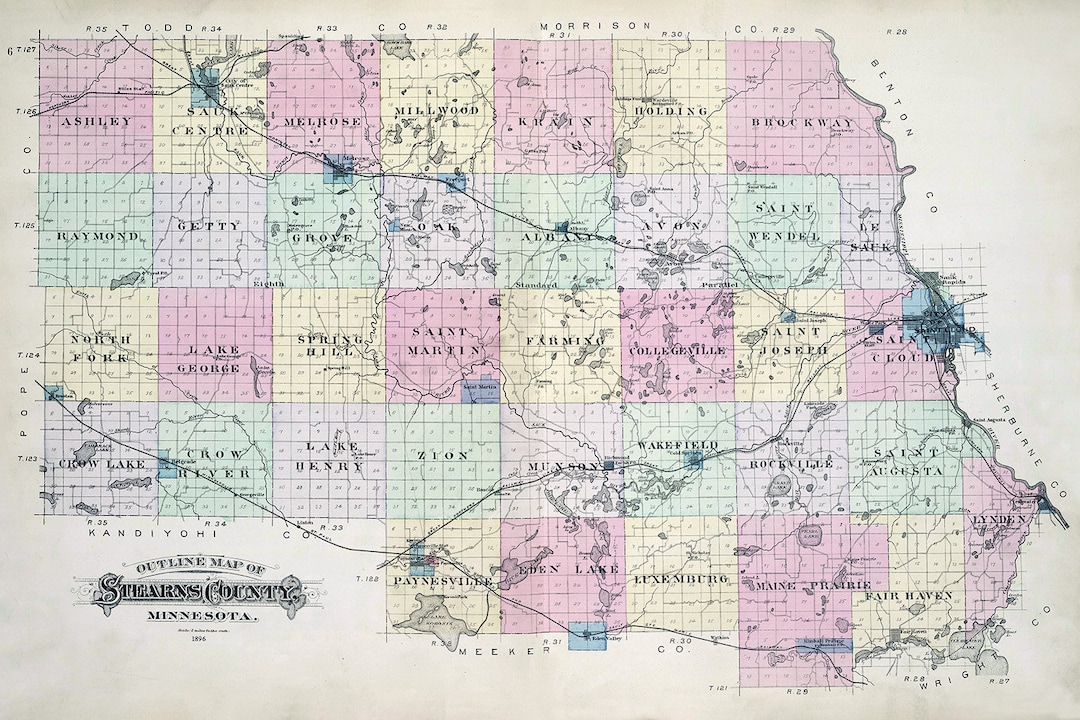 1896 Map of Stearns County Minnesota Etsy