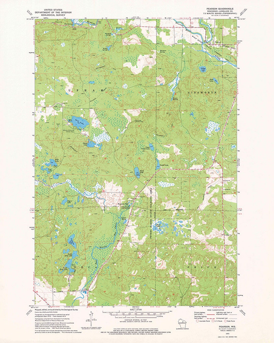 1973 Topo Map of Pearson Wisconsin Quad Game Lake Jack Lake Etsy