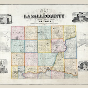 1859 Farm Line Map du comté de La Salle et d'une partie du comté de Marshall, Illinois