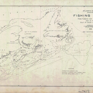 Zeekaart uit 1918 van de vissersbanken in de Atlantische Oceaan, van New York tot de Golf van St. Lawrence