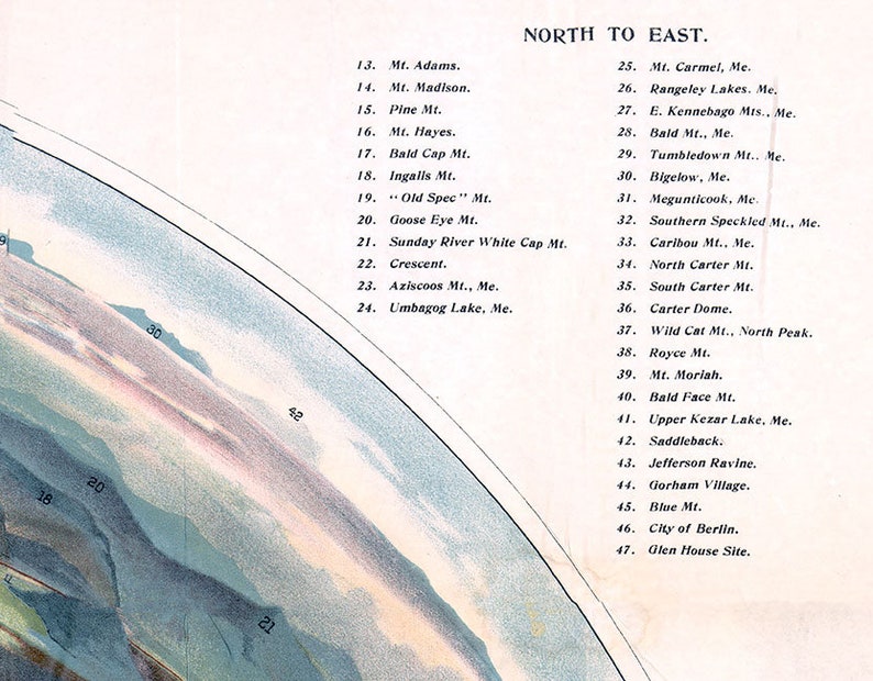 May include: A black and white map with a list of mountains and landmarks in Maine, New Hampshire, and Vermont. The map is titled "North to East."