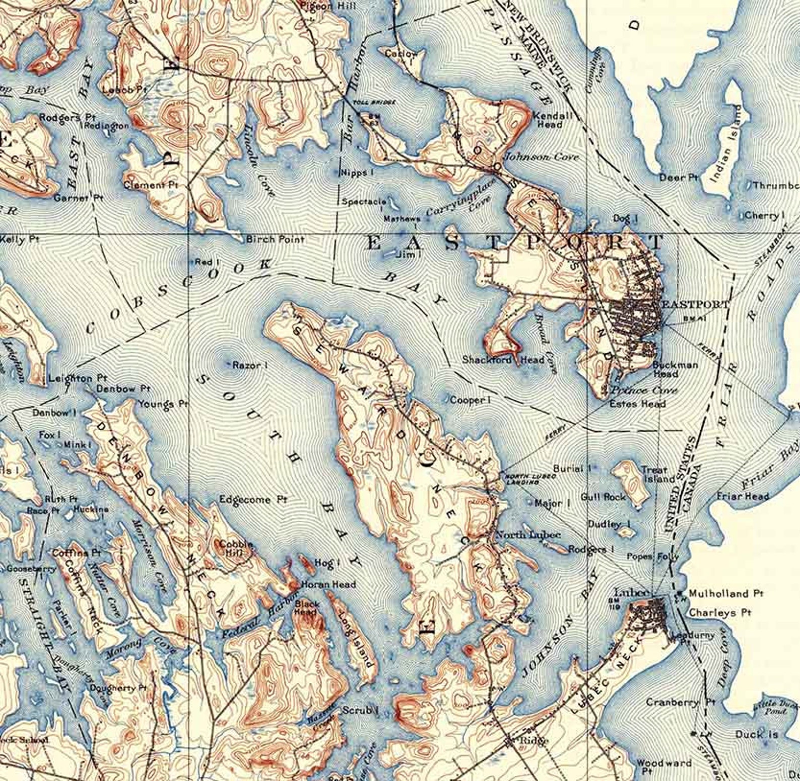 1908 Topo Map of Eastport Maine Etsy