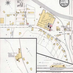 May include: A vintage map of Mapleton, New York, showing the layout of streets and buildings. The map includes a key with symbols representing different types of buildings, including factories, residences, and businesses. The map also includes a legend with information about the scale of the map and the date it was created.