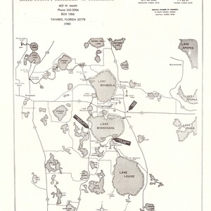 1980 Mapa de las carreteras y vías fluviales de los lagos del condado de Lake Florida