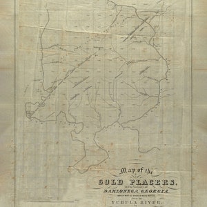 Puede incluir: Un mapa en blanco y negro de las minas de oro en las cercanías de Dahlonega, Georgia. El mapa muestra la ubicación del río Yuhula y el área circundante. El mapa está titulado "Map of the Cold Placers in the Vicinity of Dahlonega, Georgia." y "Yuhula River." por William P. Blake.