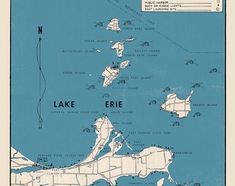 1960 Map of Lake Erie Island Area and Sandusky Bay Ohio