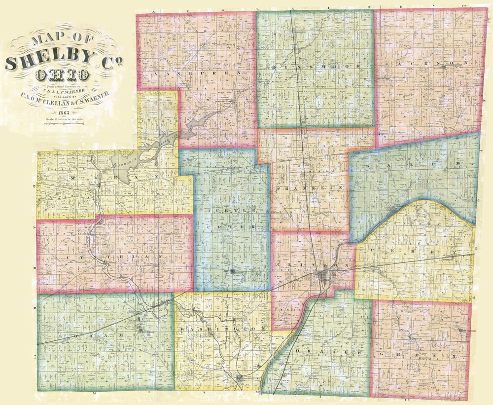 1865 Farm Line Map of Shelby County Ohio Etsy