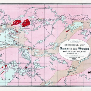 1881 Mappa del Lago of The Woods Minnesota e Canada
