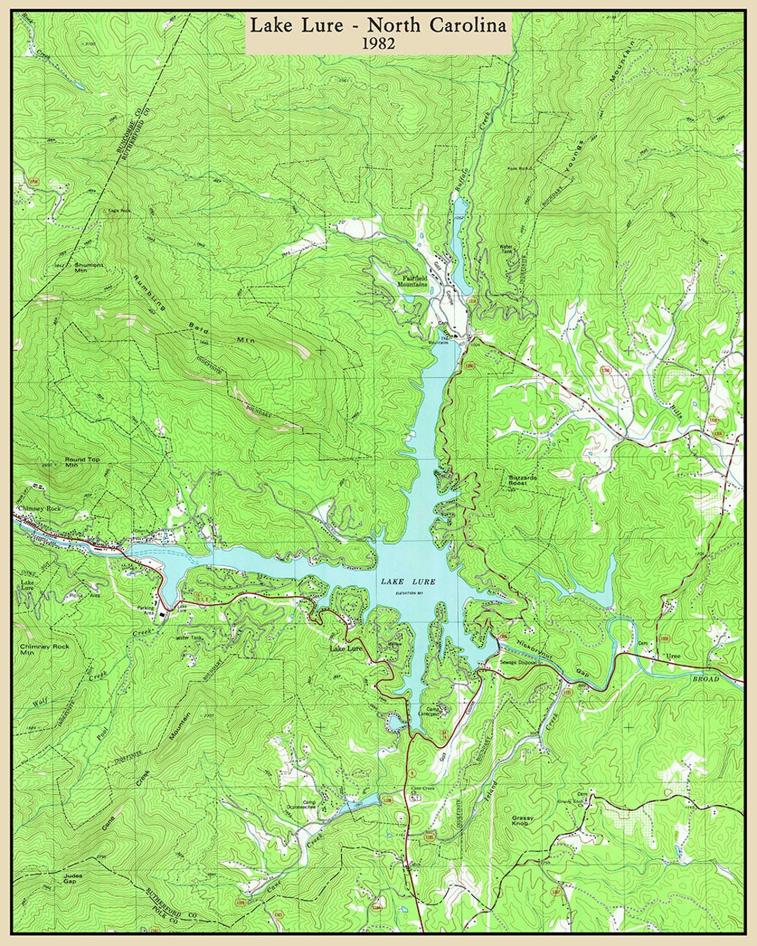 1982 Map of Lake Lure North Carolina Chimney Rock Etsy