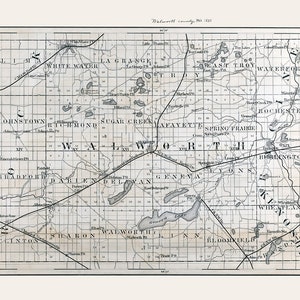 Carte 1880 du comté de Walworth, Wisconsin, lac Léman