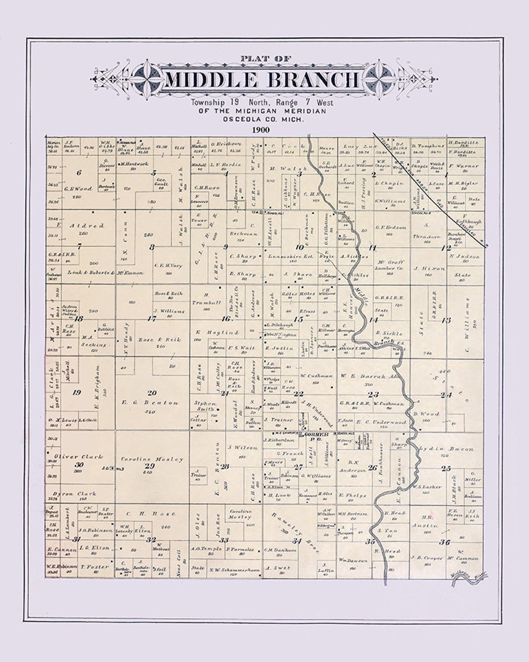 1900 Map of Middle Branch Township Osceola County Michigan Etsy