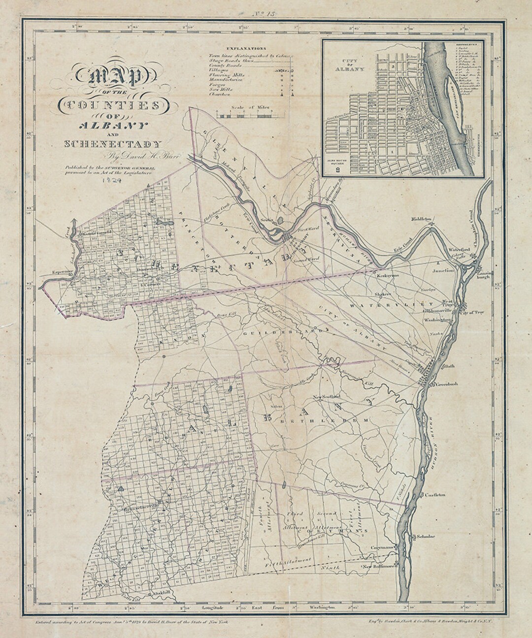 1829 Map of Albany and Schenectady County New York - Etsy