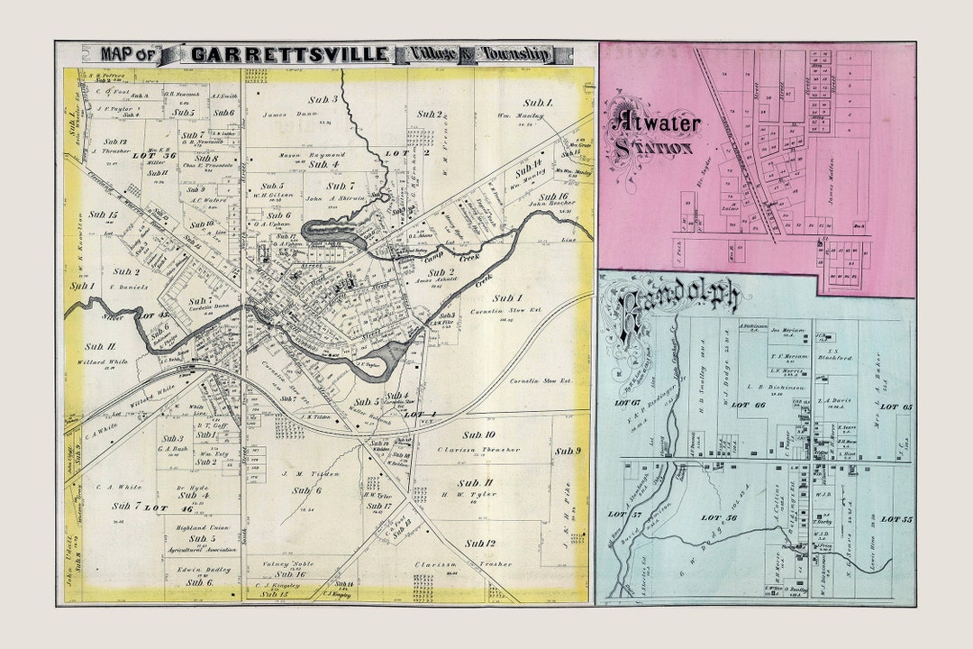 1874 Map of Garrettsville Portage County Ohio Randolph Atwater Station