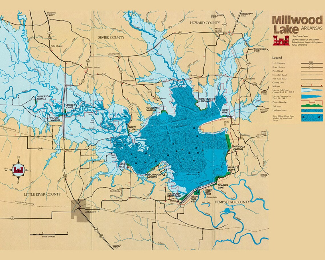 1976 Map of Millwood Lake Arkansas Etsy