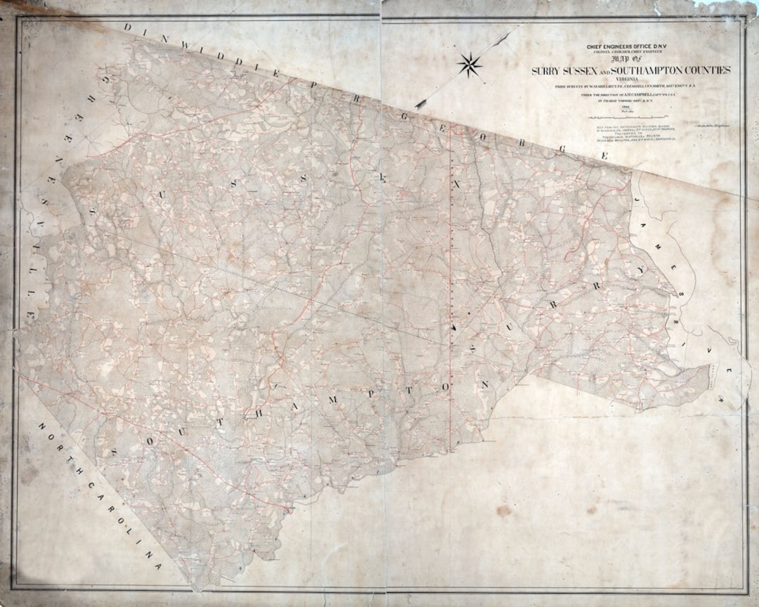 1863 Map of Surry Sussex & Southampton County Virginia Family Names