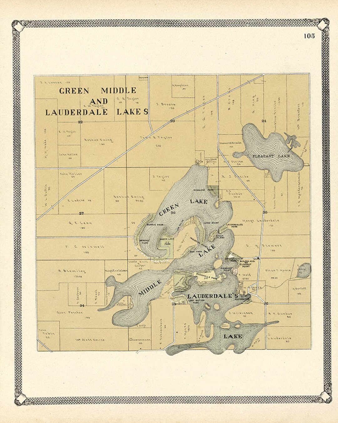 1907 Map of Greene Middle and Lauderdale Lakes Walworth County pic