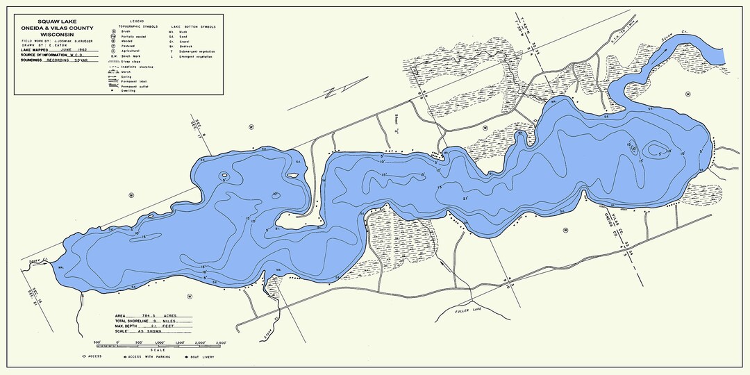 1962 Map of Squaw Lake Oneida and Vilas County Wisconsin Etsy