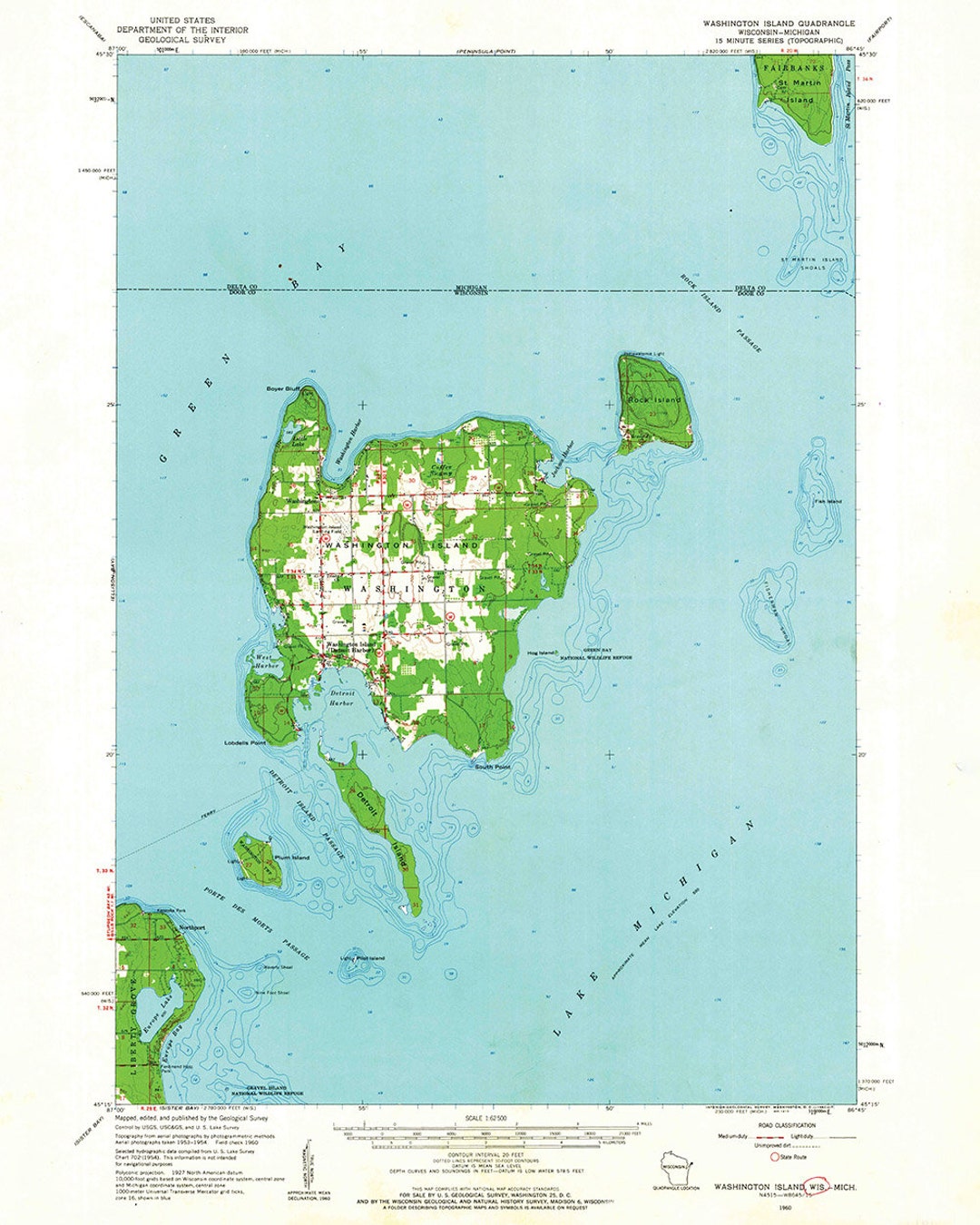 1960 Topo Map of Washington Island Door County Wisconsin - Etsy