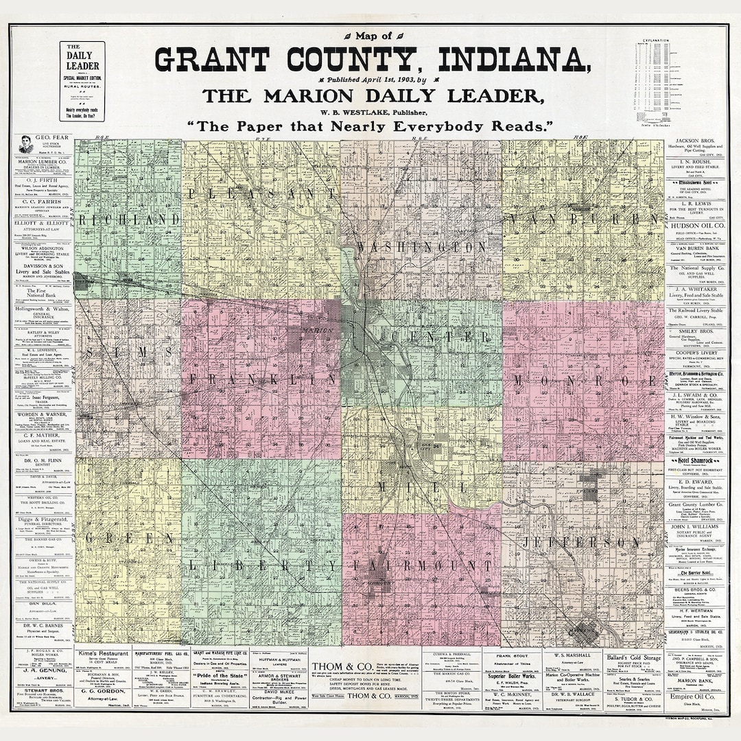 1903 Farm Line Map of Grant County Indiana Etsy