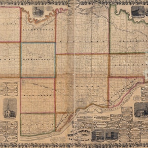 1860 Farm Line Map du comté de Scott, Iowa