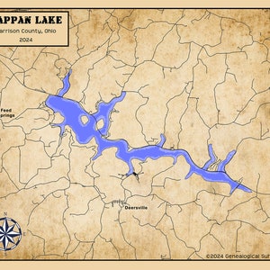 May include: A vintage-style map of Tappan Lake in Harrison County, Ohio. The map is on a beige background with brown lines representing roads and waterways. The lake is highlighted in blue. The text "Tappan Lake", "Harrison County, Ohio", and "2024" is printed in black at the top of the map. The text "Feed Springs" and "Deersville" are printed in black on the map. A compass rose is in the lower left corner of the map.