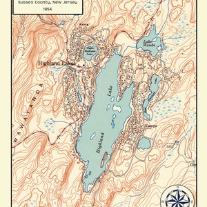 May include: A vintage map of Highland Lake, Sussex County, New Jersey, from 1954. The map shows the lake, surrounding roads, and elevation contours. The text "Highland Lake" is at the top of the map, and "Sussex County, New Jersey" is below it. The year "1954" is at the bottom of the map.
