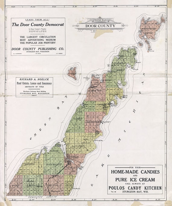 1914 Map Of Door County Wisconsin Sturgeon