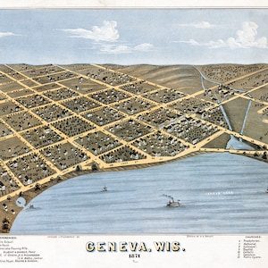 1871 Panorama-Karte von Genf Wisconsin Lake Genf