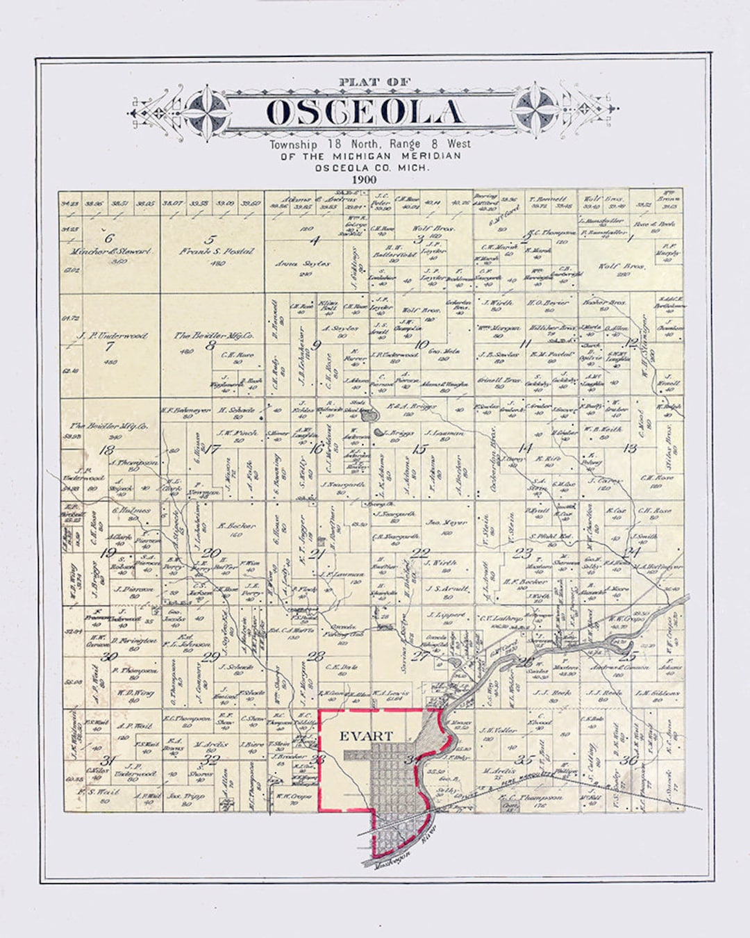 1900 Map of Osceola Township Osceola County Michigan Etsy