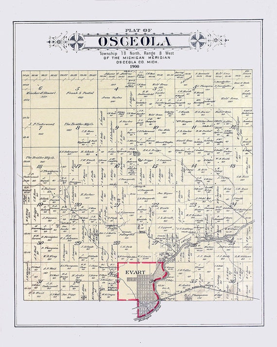 1900 Map of Osceola Township Osceola County Michigan Etsy