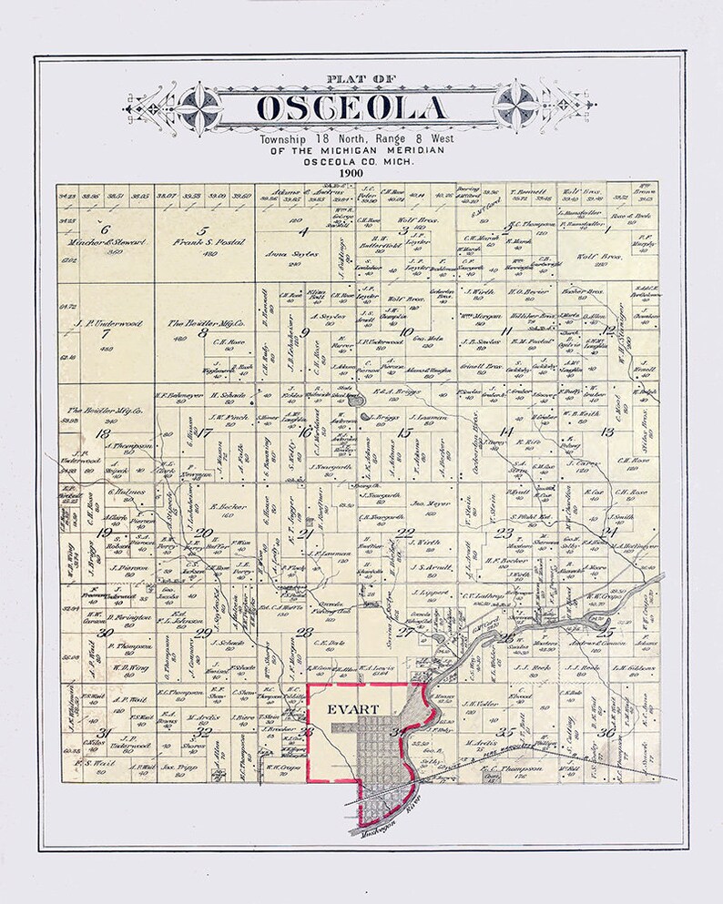 1900 Map of Osceola Township Osceola County Michigan Etsy