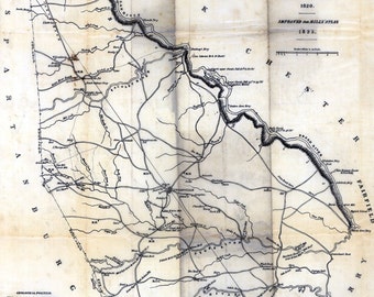 Könnte beinhalten: Eine Schwarzweißkarte des Union District, South Carolina, vermessen von R. Thompson im Jahr 1820. Die Karte zeigt die Grenzen des Bezirks, Flüsse, Straßen und Städte. Der Titel "Union District, South Carolina" ist oben auf der Karte gedruckt, zusammen mit dem Namen des Vermessers und dem Datum der Vermessung. Die Karte ist datiert 1825.