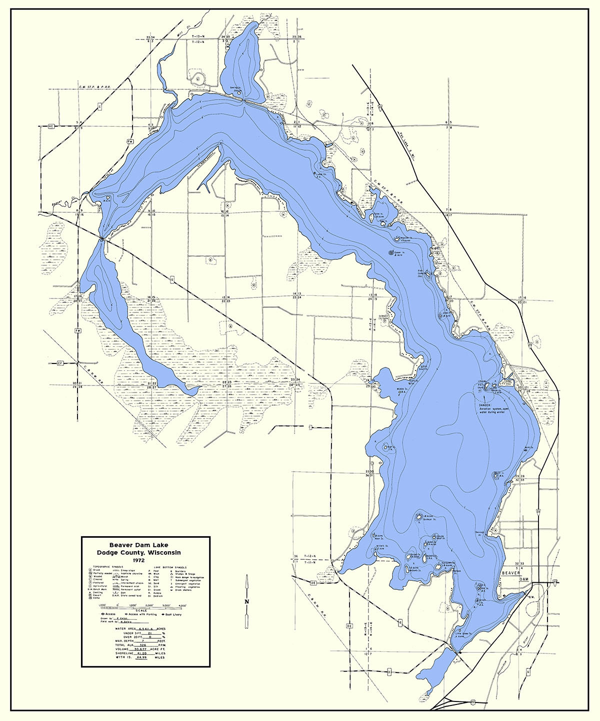 1972 Map of Beaver Dam Lake Dodge County Wisconsin