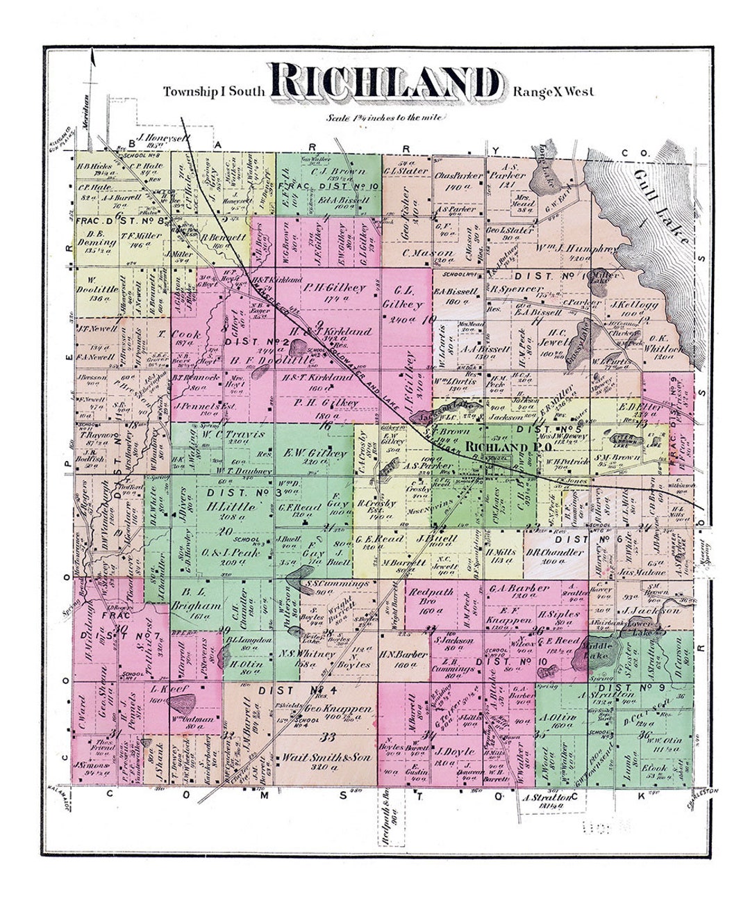 1873 Map of Richland Township Kalamazoo County Michigan Etsy