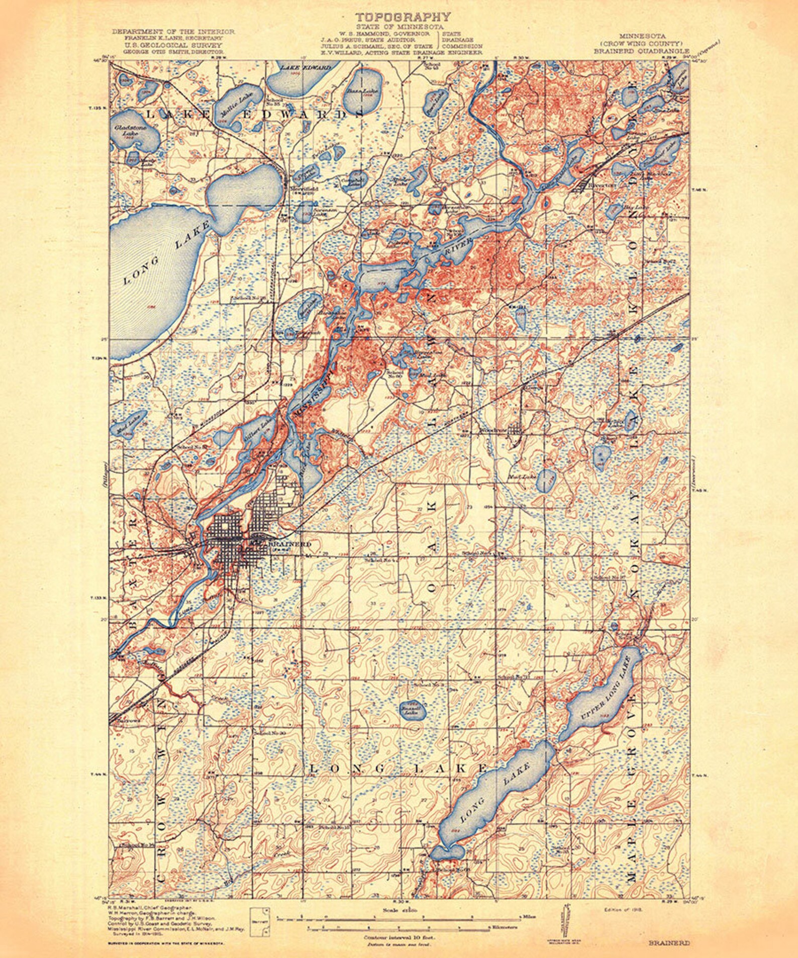 1918 Topo Map of Brainerd Minnesota Quadrangle Long Lake Etsy