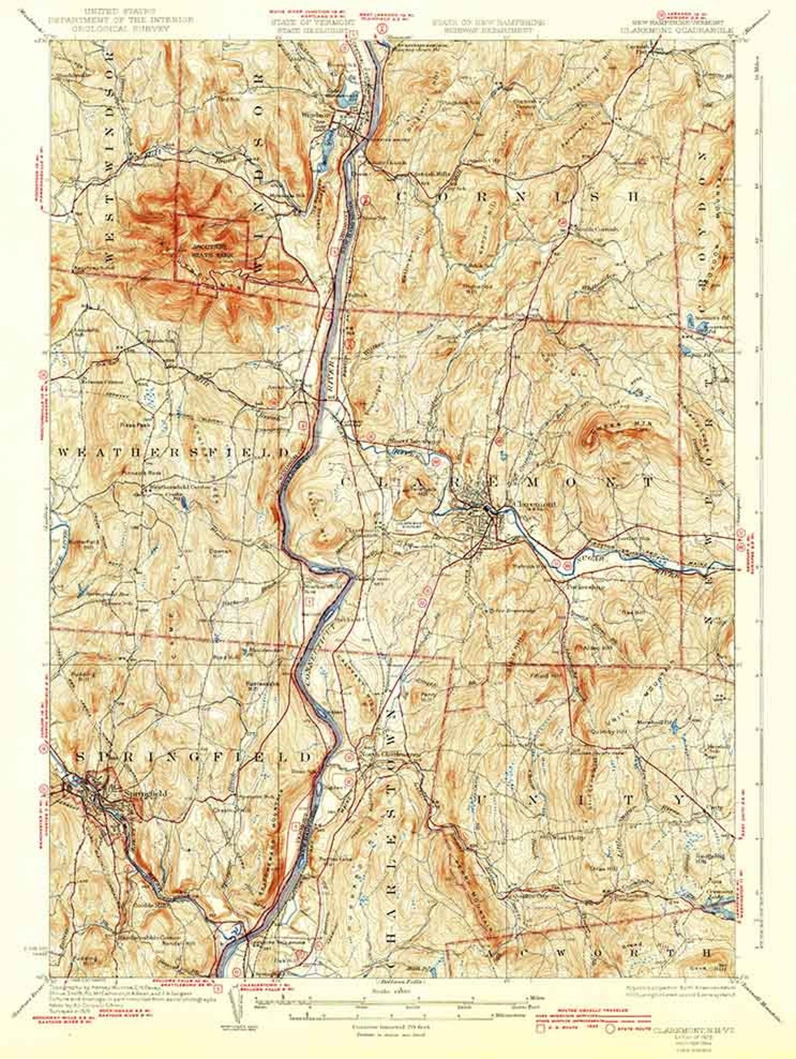 1929 Topo Map of Claremont New Hampshire Quadrangle Etsy