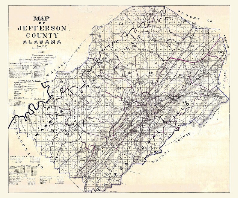 1897 Map of Jefferson County Alabama Etsy