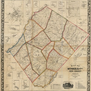 1860 Carte du comté de Sussex dans le New Jersey à partir d'enquêtes et d'enregistrements réels Newton