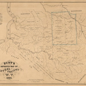 1865 Farm Line Map von Wetzel County WV mit den Namen der Ölquellen