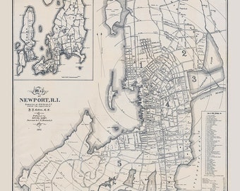 May include: A vintage map of Newport, Rhode Island, showing the city's streets and landmarks. The map is divided into five sections, numbered 1 through 5. The map also includes a key to the different types of roads and buildings.