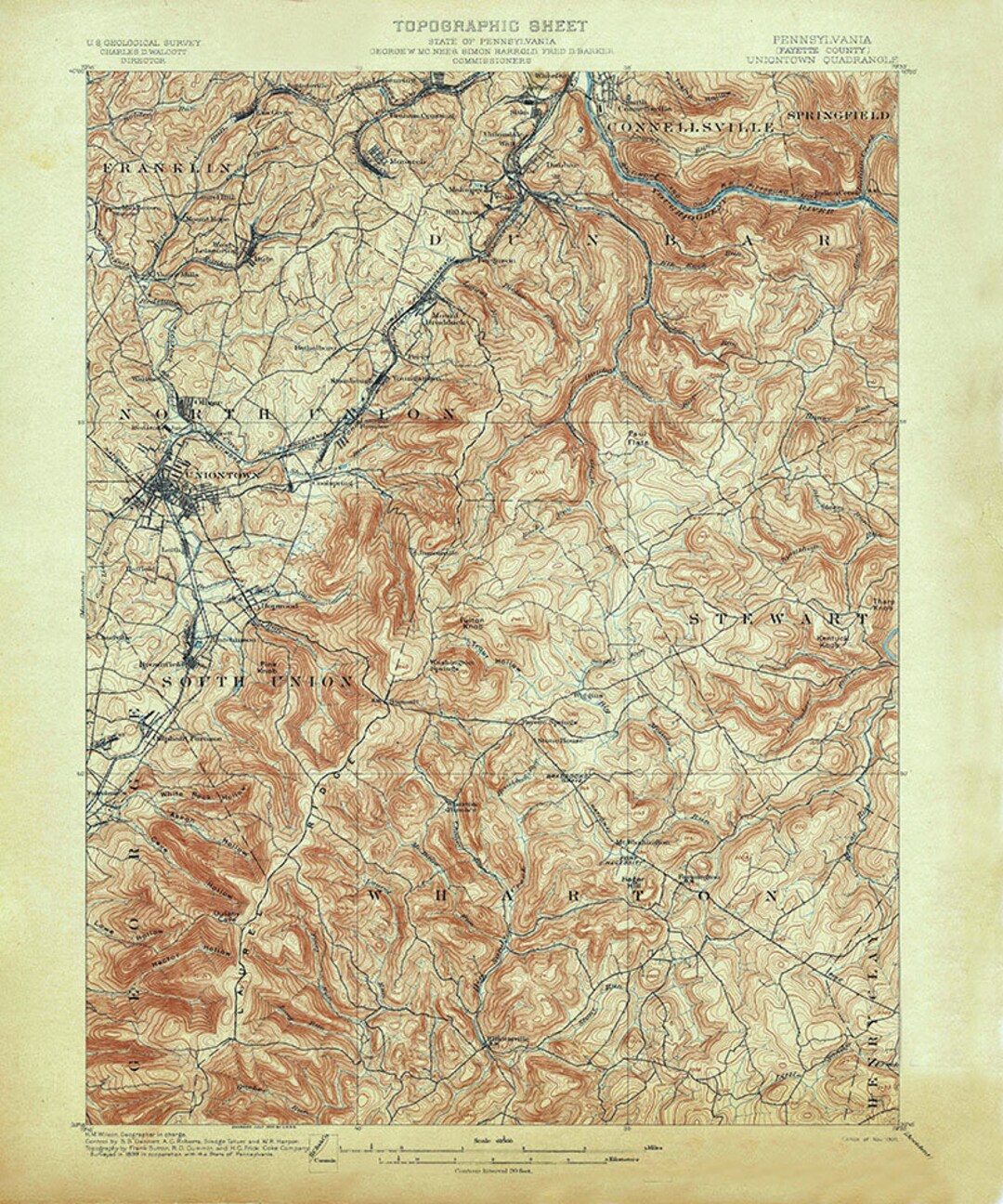 1900 Topo Map of Uniontown Pennsylvania Fayette County Brownfield Etsy UK
