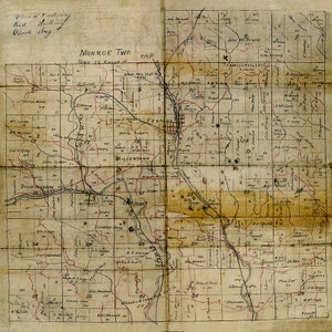 Années 1890, carte dessinée à la main des champs de pétrole du comté de Perry, Ohio, Monroe