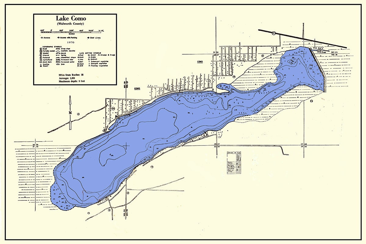 Kaart uit 1970 van het Comomeer, Walworth County, Wisconsin