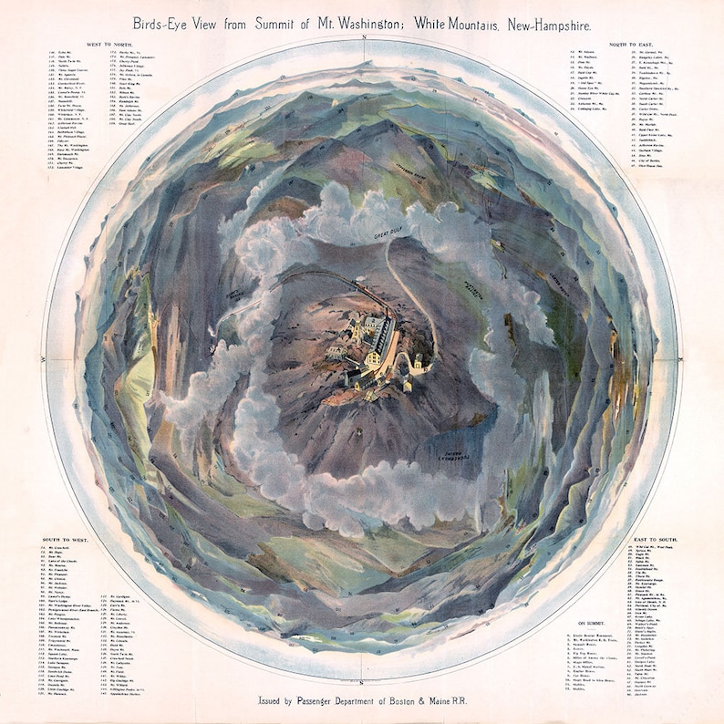 May include: A vintage illustration of a bird's-eye view from the summit of Mount Washington in the White Mountains of New Hampshire. The illustration shows the surrounding mountains and valleys, with the summit of Mount Washington in the center. The illustration is labeled with the names of the surrounding mountains and valleys. The text "Issued by Passenger Department of Boston & Maine RR." is at the bottom of the illustration.
