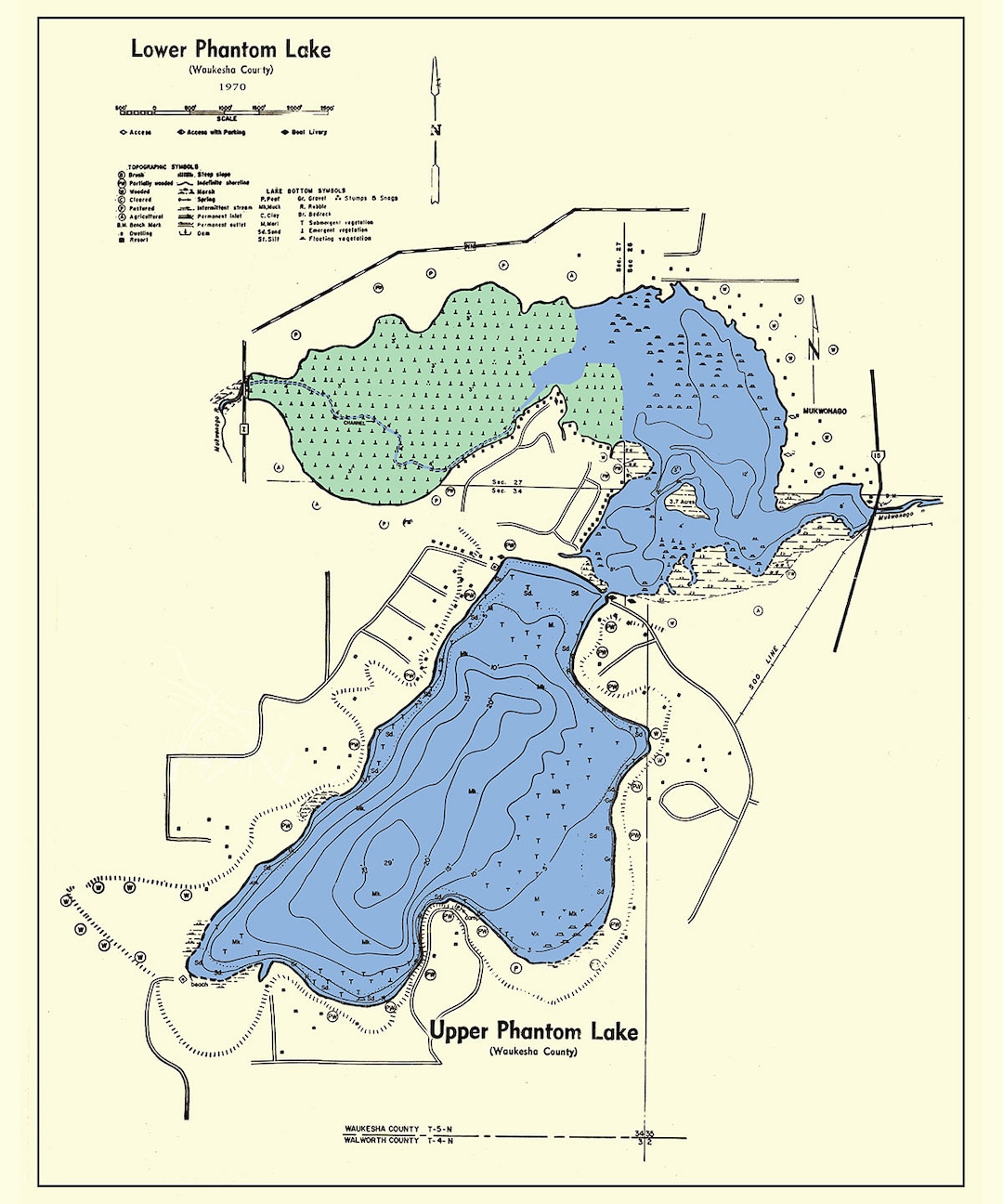 1970 Map of Upper Phantom & Lower Phantom Lake Waukesha County