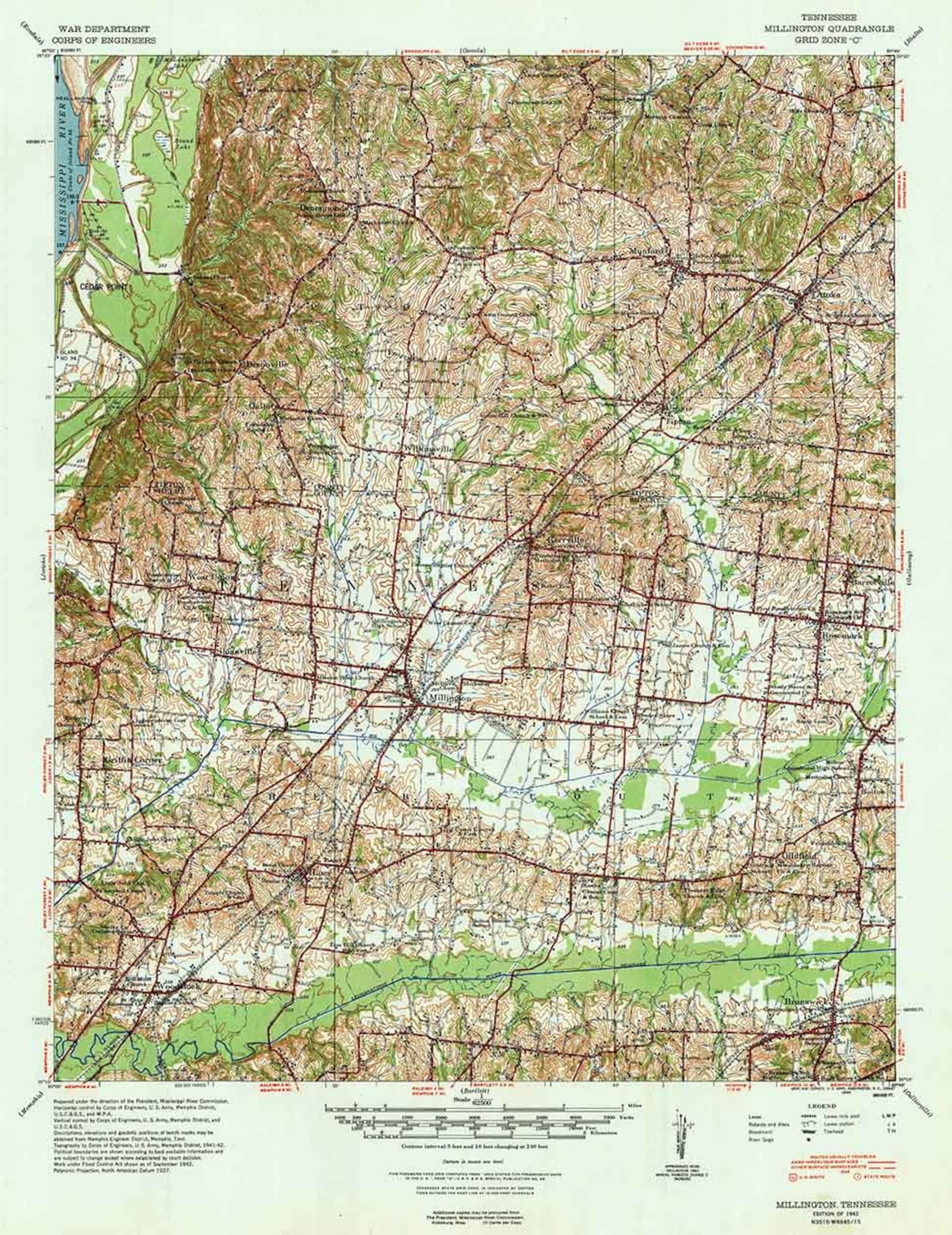 1942 Topo Map of Millington Tennessee Cedar Point Atoka Etsy