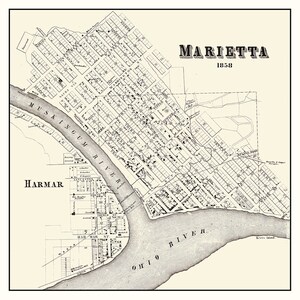 Stadsplattegrond uit 1858 van Marietta Washington County, Ohio